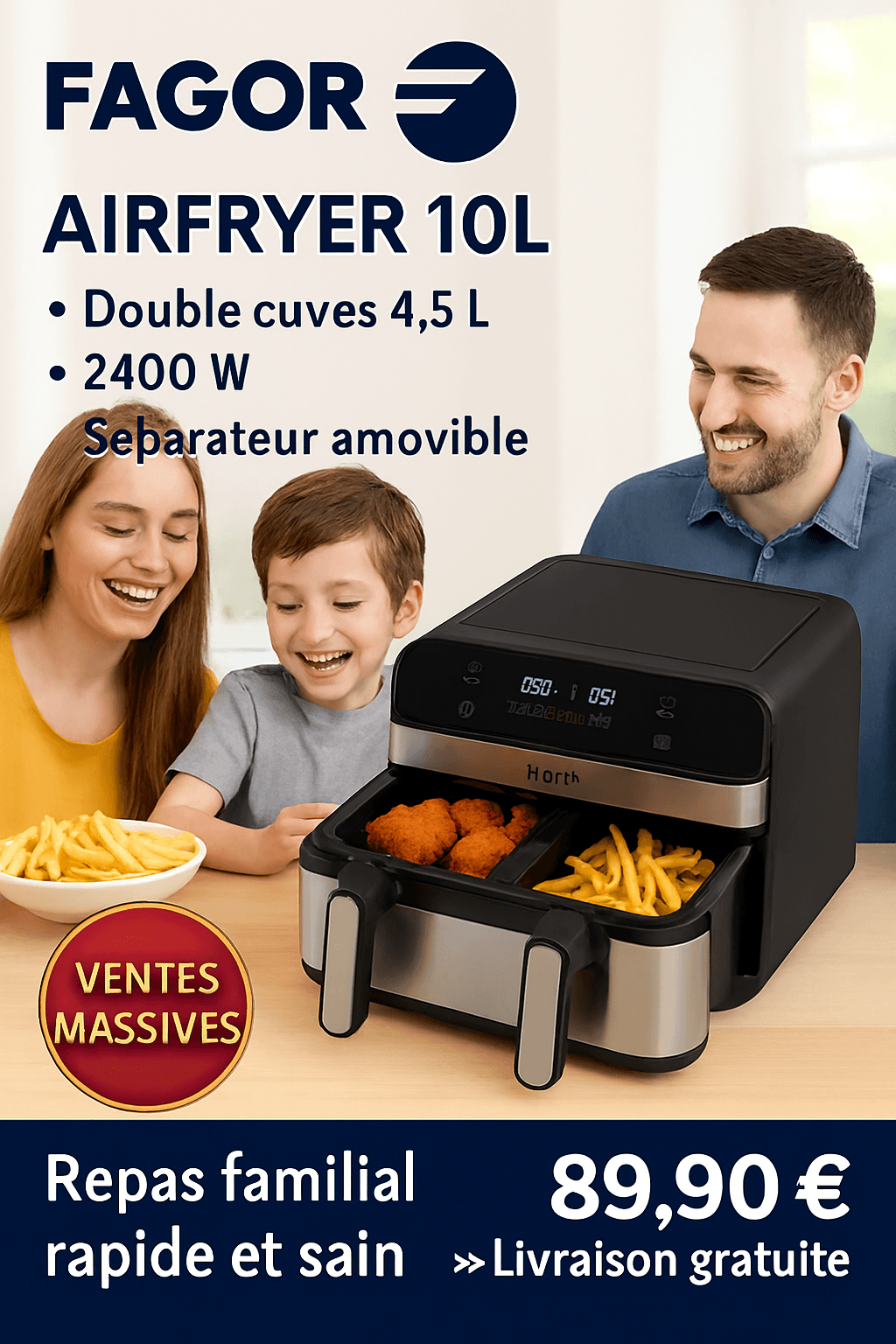 Friteuse sans huile FAGOR FGF10 – Airfryer 10L – Double cuves 4,5L – 2400W – Cuisson saine & rapide – Séparateur amovible