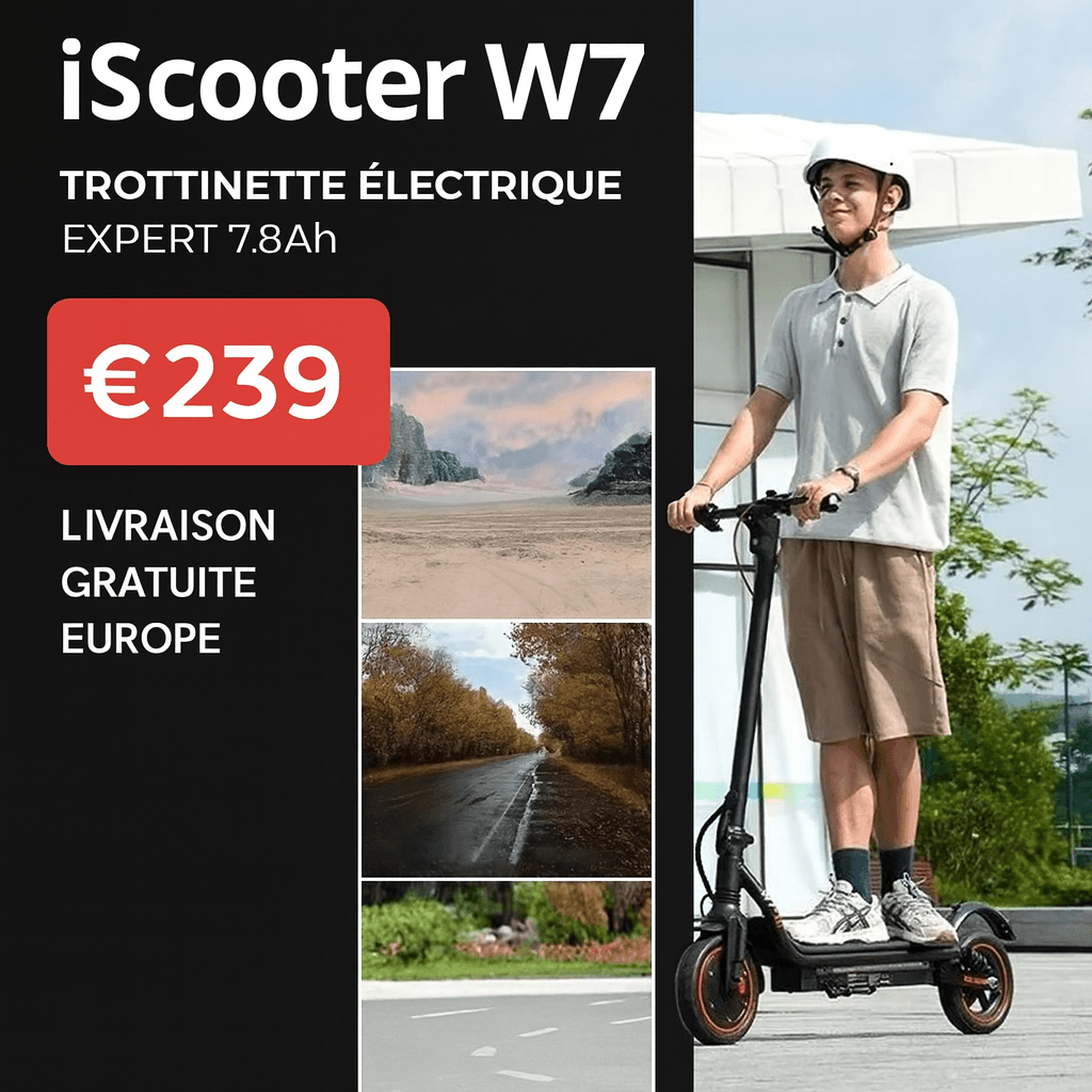 iScooter W7 – Trottinette Électrique 650W, 25 km/h, 25–30 km d’autonomie, Frein E‑ABS + Disque, Pliable, 8.5’’ – Charge 120 kg