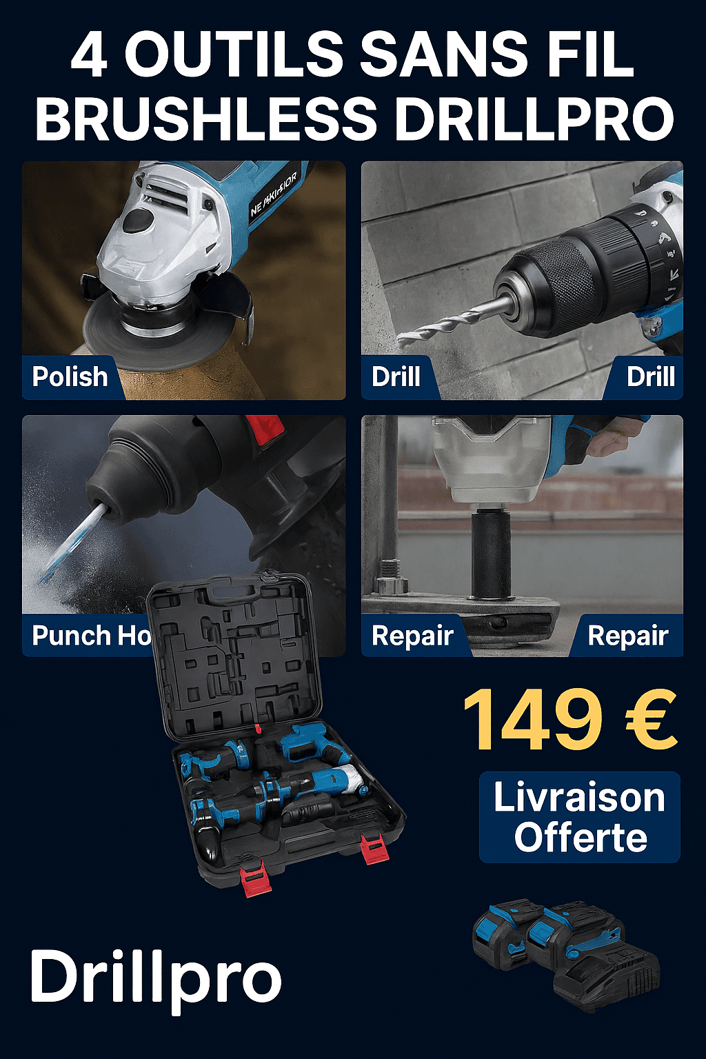 Set d'outils électriques Drillpro de 4 pièces : clé,meuleuse angulaire,perforateur,moteur sans balais,livré avec 2 batteries et 1 chargeur. - Bleu