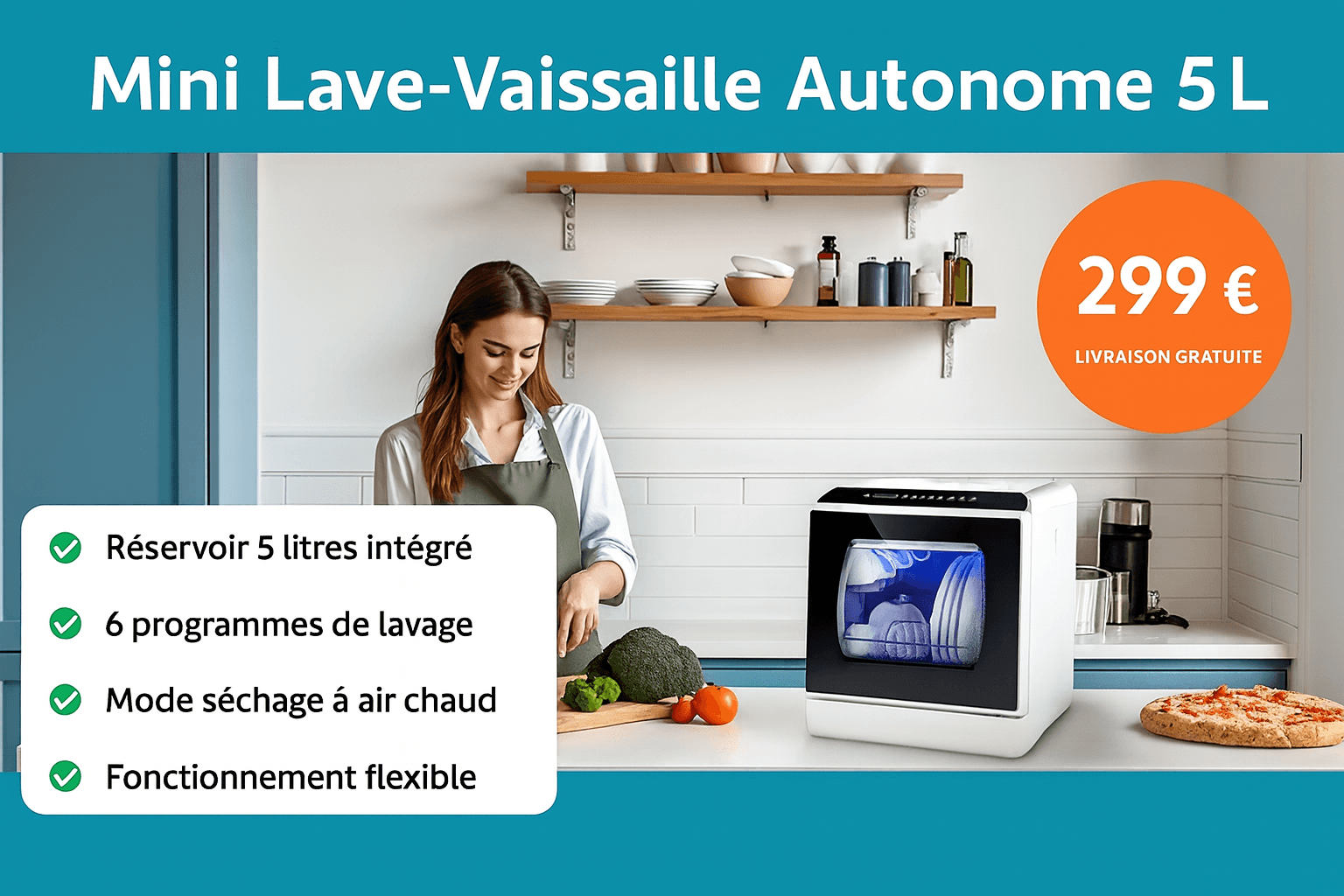 Mini Lave‑Vaisselle Autonome 5L – 5+1 Programmes, Double Alimentation, Séchage Air Chaud