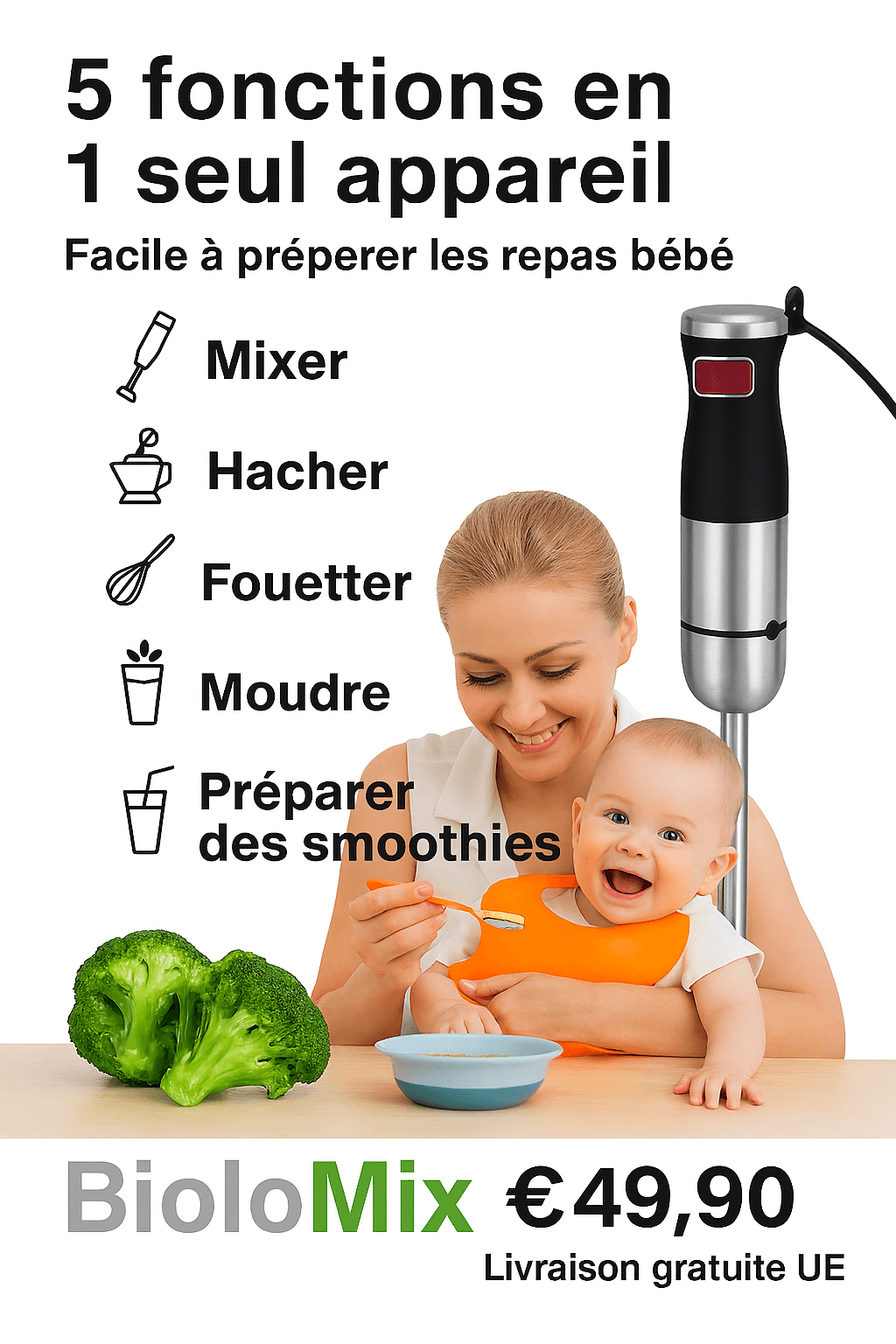 BioloMix Mixeur Plongeant 1200W – 5 en 1 avec Hachoir 800 ml  Gobelet Smoothie 600 ml – Prise UE
