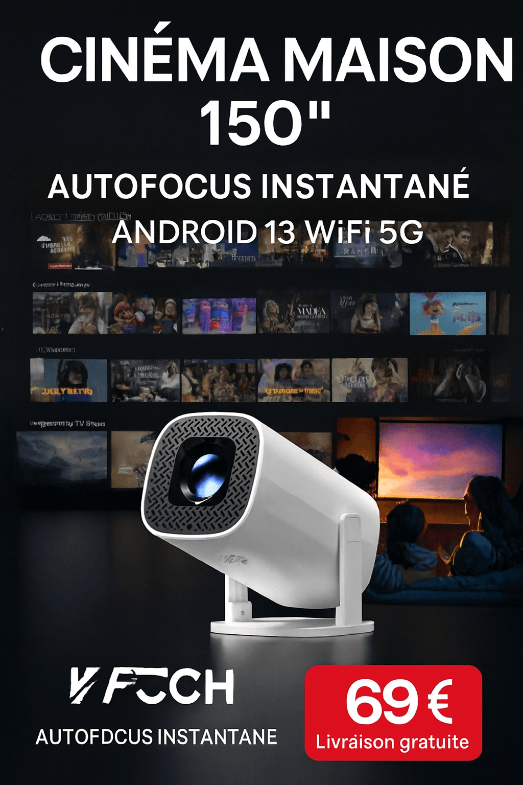 Nouveau Projecteur Portable YDH‑P30 Pro 2025 – 600 Lumens | Android 13 | Autofocus | Double WiFi | 150” | Home Cinéma Compact - IMAGE 0 , Sac , UE