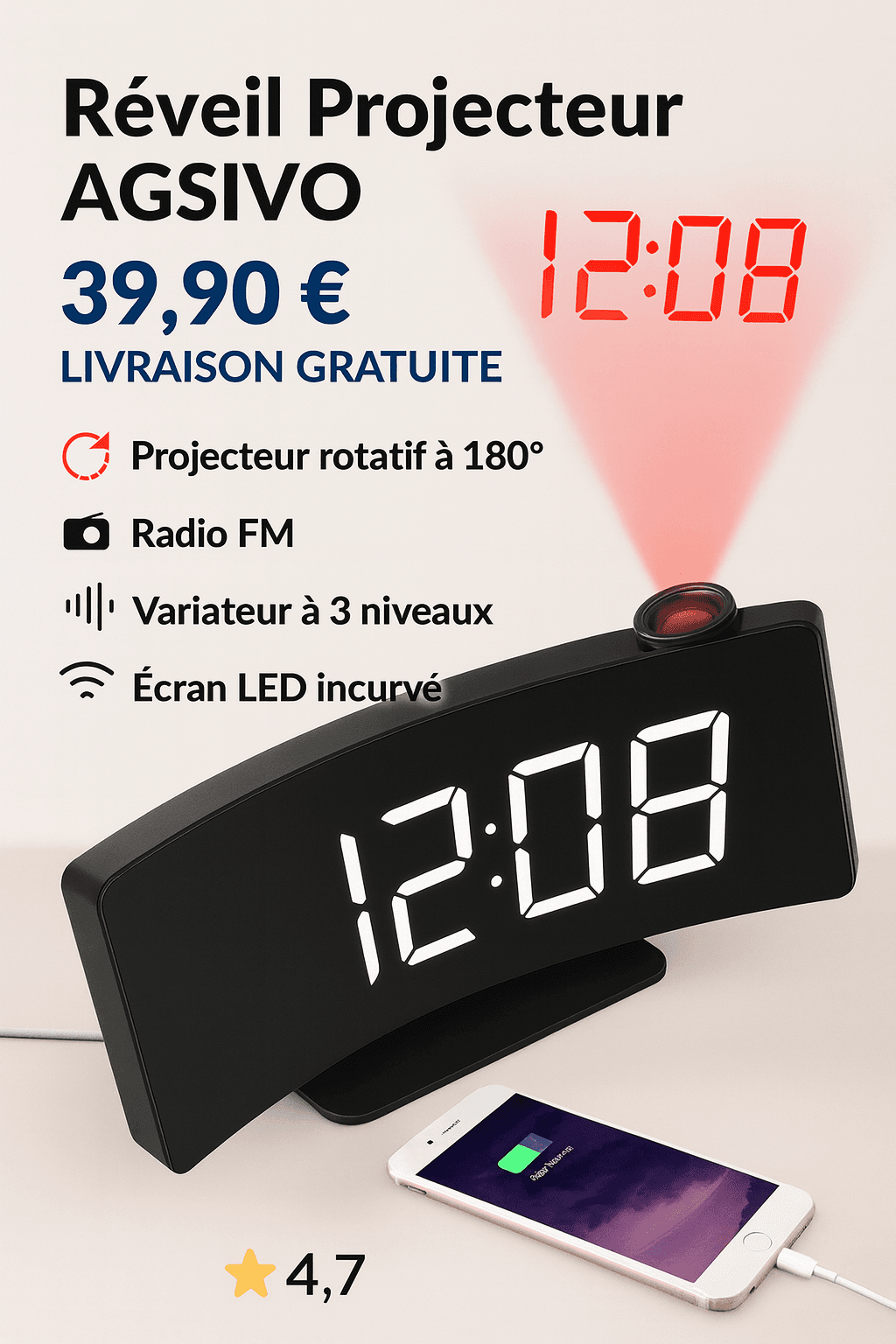 Réveil Projecteur AGSIVO 8 pouces – Projecteur 180°, Radio FM, Snooze, Variateur 3 Niveaux, Écran LED Courbé, Port USB – Chambre & Salon - Vert