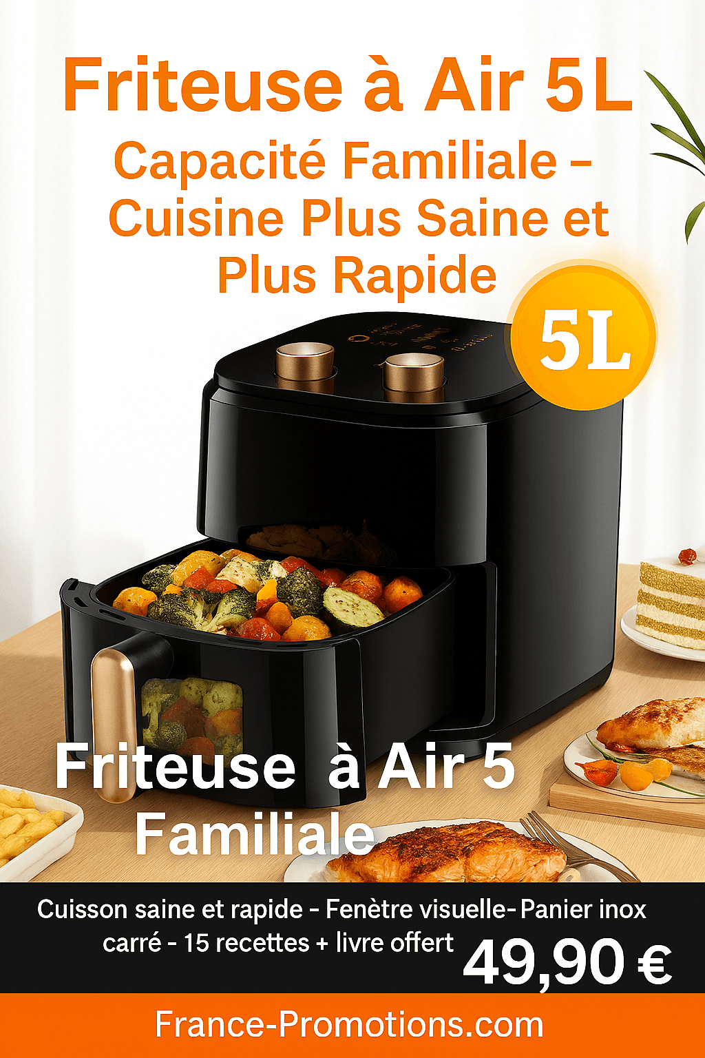 Airfryer Friteuse à Air 5L – Capacité Familiale Améliorée avec Fenêtre Visuelle