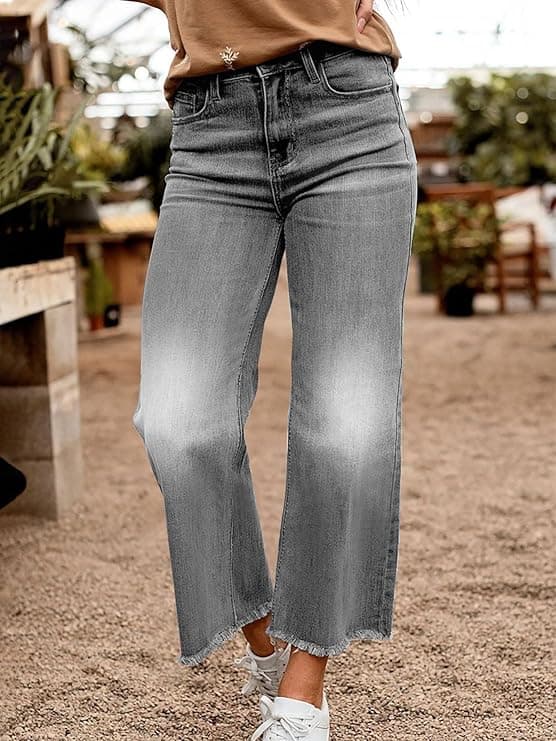 Jean droit mi‑haut femme — jean extensible délavé, poches inclinées, coupe ample et confortable - Gris , S