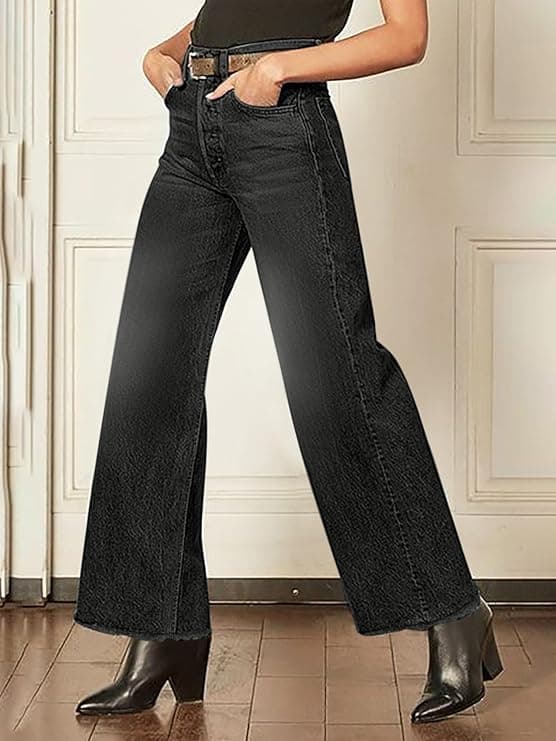 Jean droit mi‑haut femme — jean extensible délavé, poches inclinées, coupe ample et confortable - Noir , M