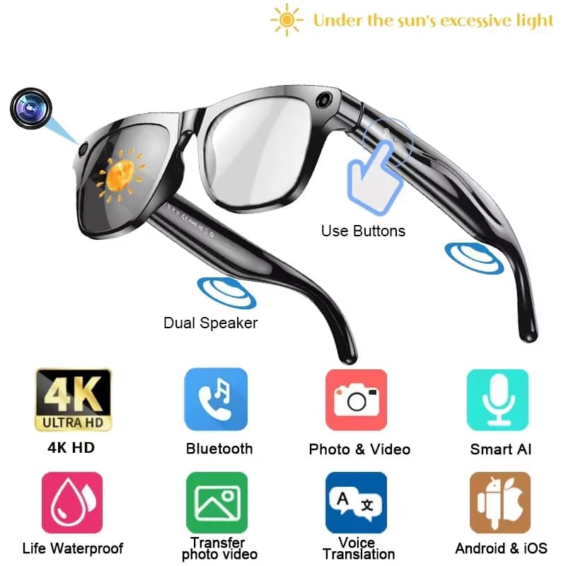 Lunettes Intelligentes 4K HD – IA, Caméra Invisible & Traduction Instantanée + 1 cable de charge offert - Color Change