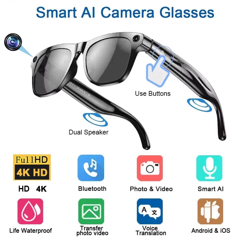 Lunettes Intelligentes 4K HD – IA, Caméra Invisible & Traduction Instantanée + 1 cable de charge offert - Black