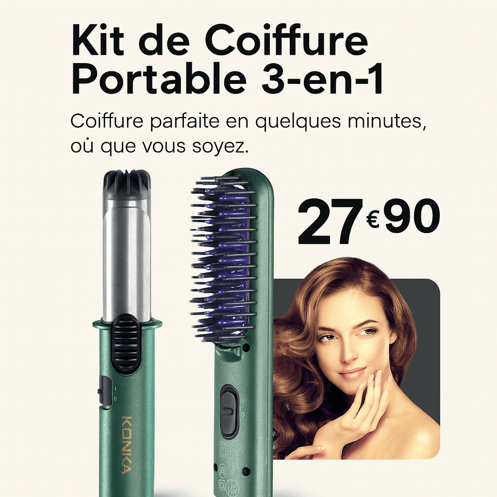 Mini Kit de Coiffure Portable 3‑en‑1 – Fer à Boucler, Peigne Lissant Brosse à Air Chaud – Spécial Voyage – Vert Jade