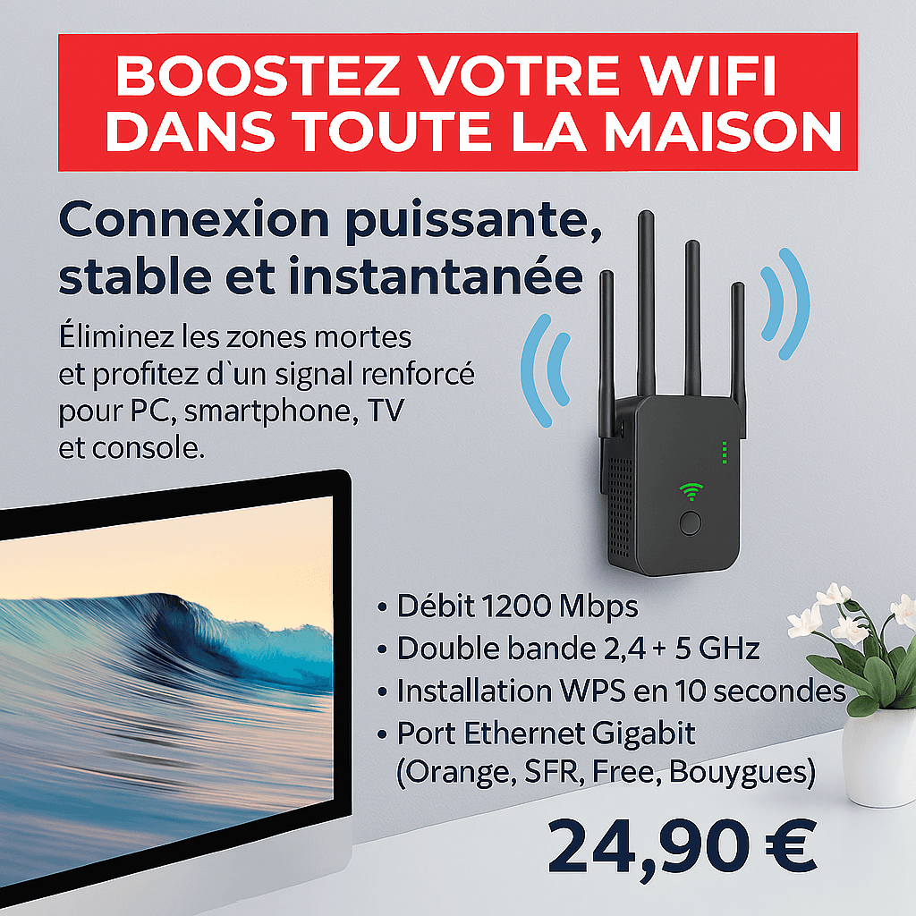 Répéteur WiFi 1200 Mbps Double Bande 2,4/5 GHz | Amplificateur WiFi avec WPS Port Gigabit | Extendeur de Portée Universel 802.11ac - Noir , 1200M