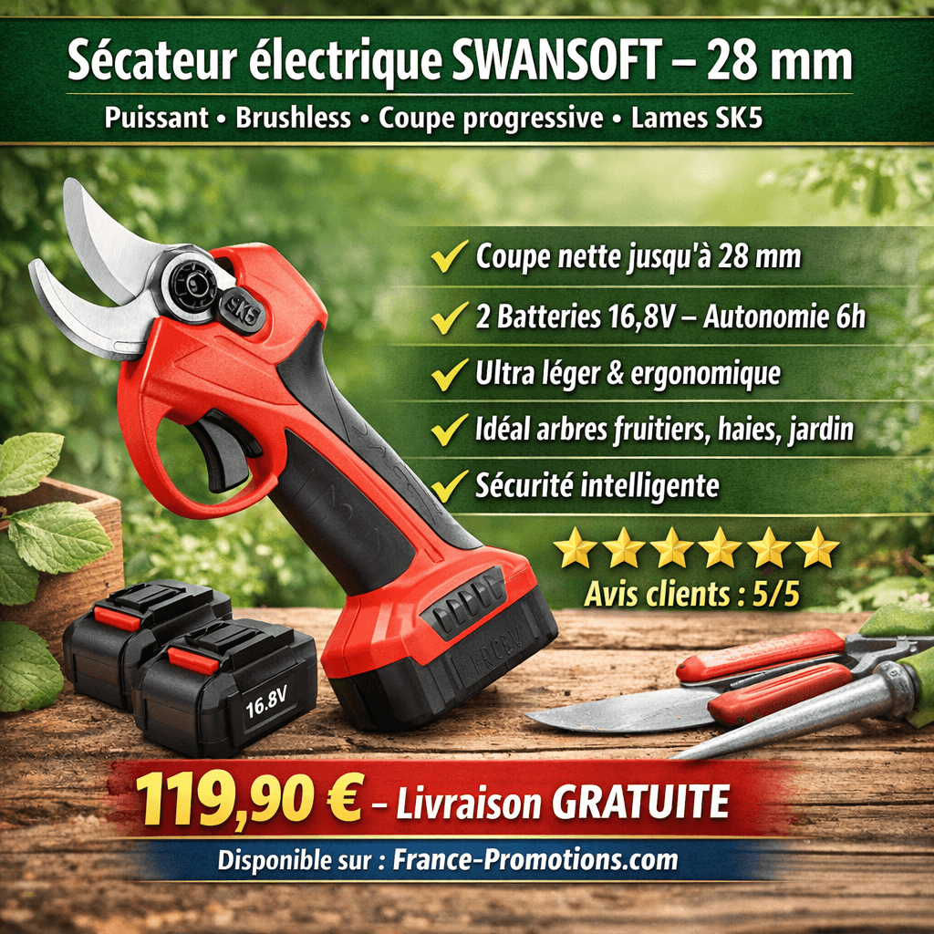 Sécateur électrique SWANSOFT 28 mm – 2 batteries 16,8V – Moteur Brushless 850W – Coupe progressive – Lames SK5 – Outil d’élagage professionnel - Espag