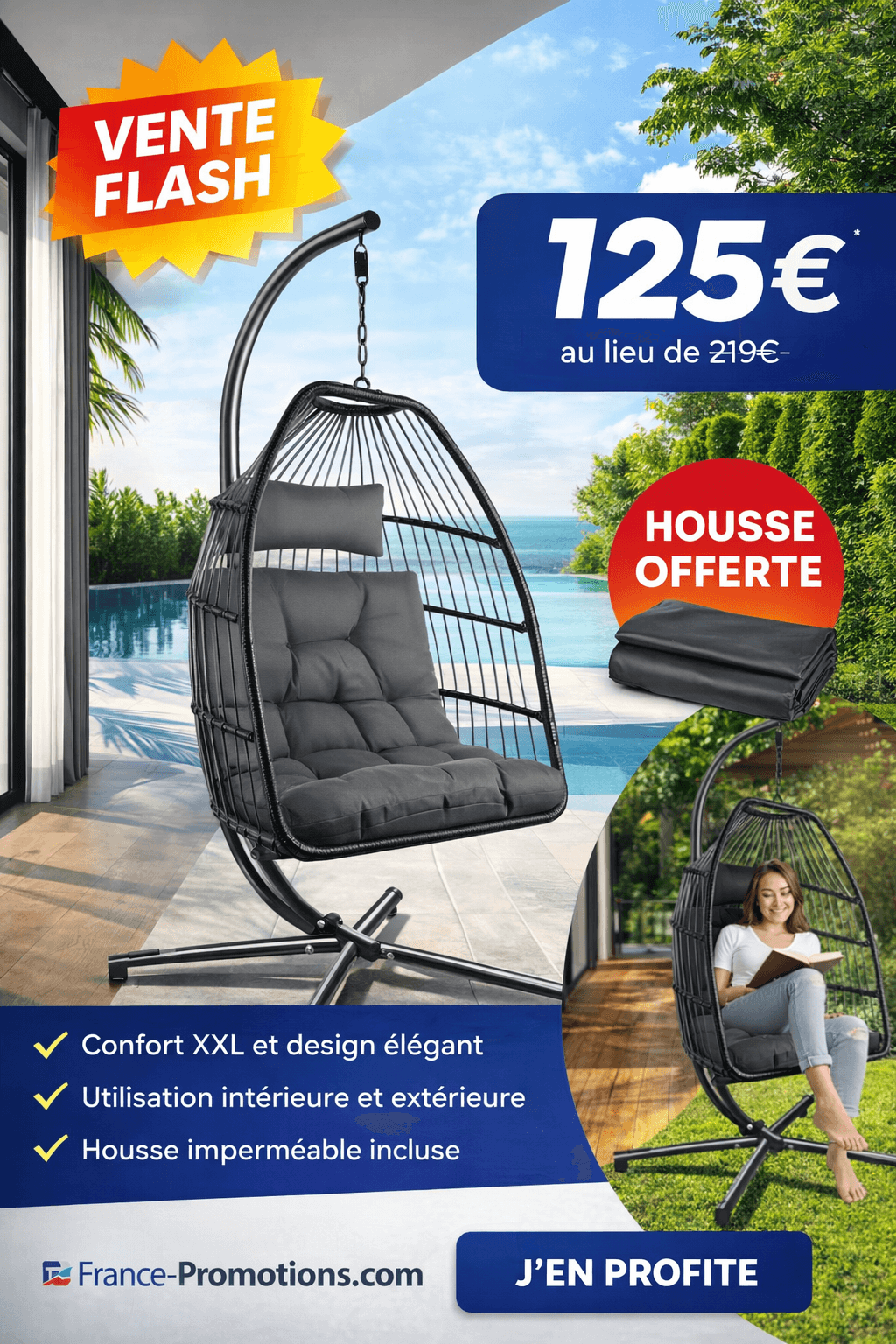 tectake® Fauteuil Œuf Suspendu Cocooning – Pliable & Ultra‑Confort – Structure Acier + Coussin Épais - Gris Foncé