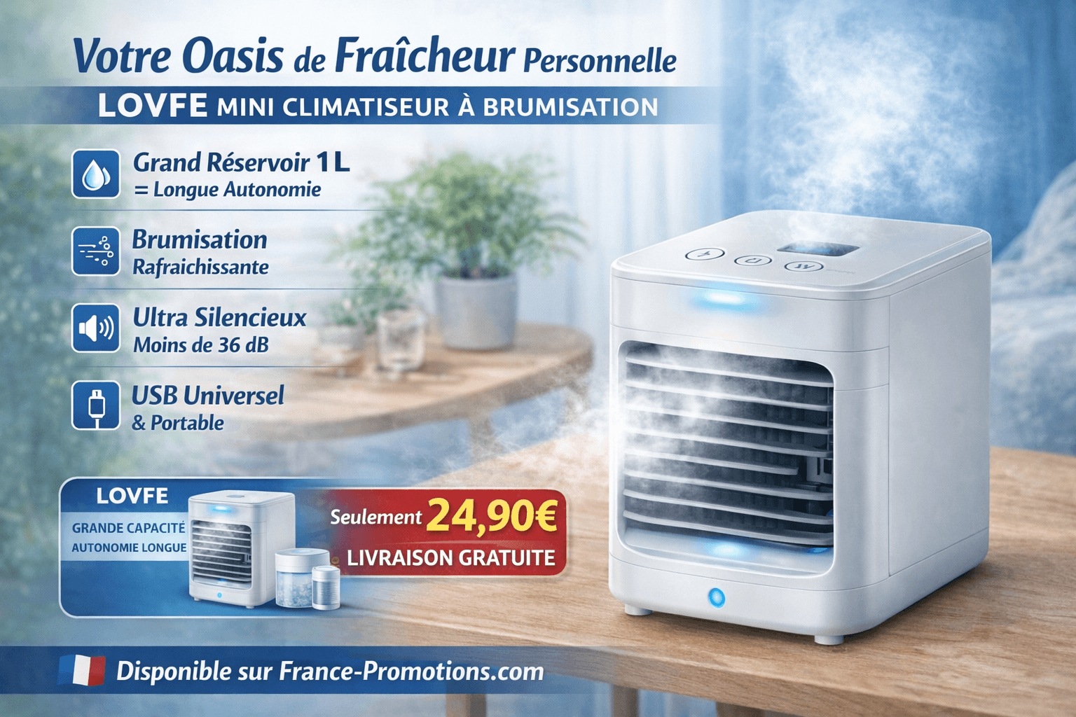 LOVFE Mini Ventilateur Climatiseur à Brumisation (Grand Réservoir, Faible Bruit)
