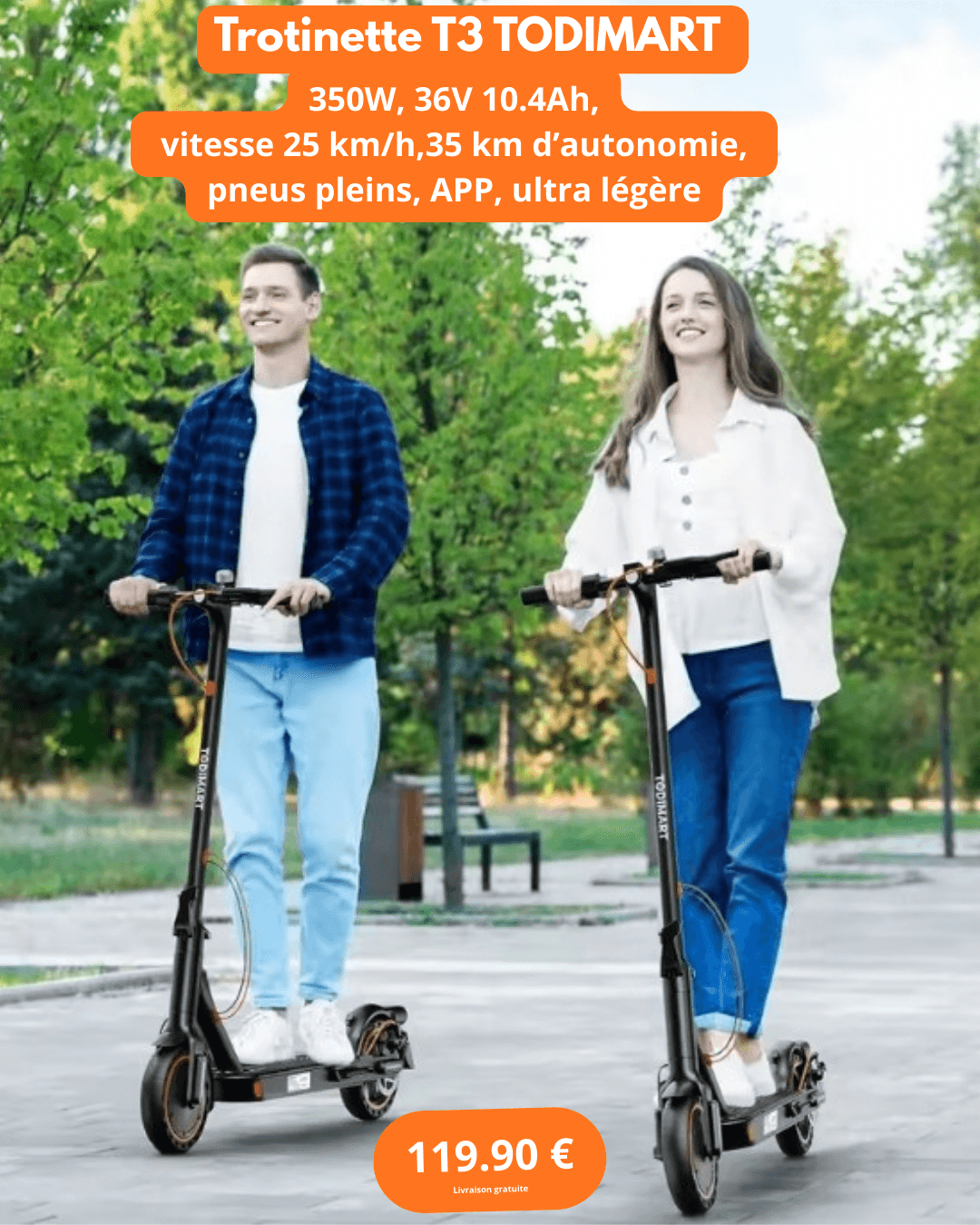 Trottinette Électrique Adulte TODIMART T3 – 350W, 36V 10.4Ah, 25 km/h, 35 km d’autonomie, pneus pleins, APP, ultra légère - France