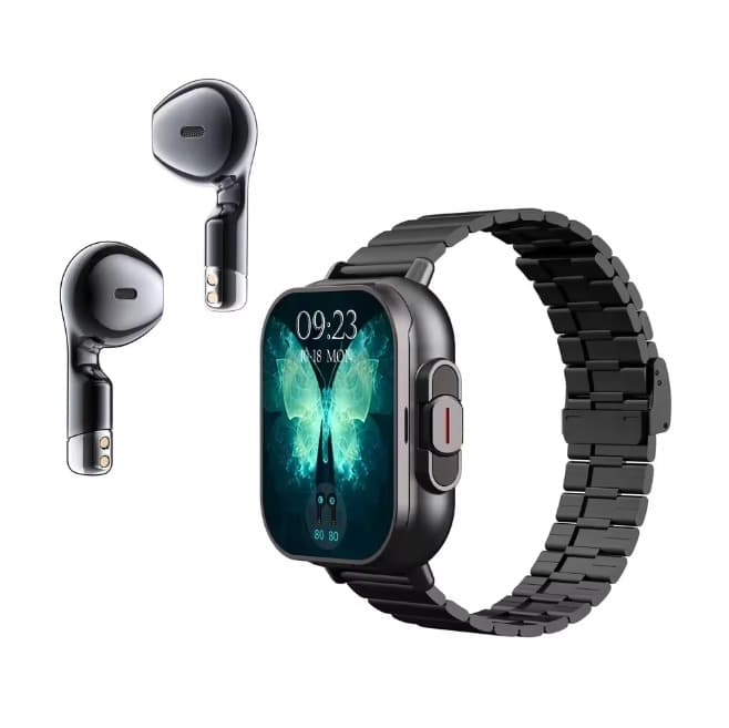 Montre Connectée 2026 2-en-1 avec Écouteurs TWS Bluetooth – Appel, Santé, NFC, Sport - D8 , Acier noir