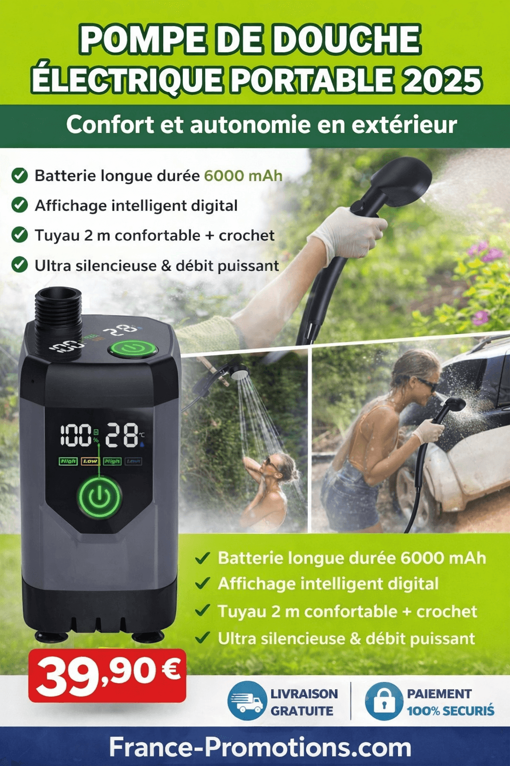 Pompe de Douche Électrique Portable 2026 – 6000 mAh, Affichage Intelligent, Tuyau 2 m | Camping & Voyage