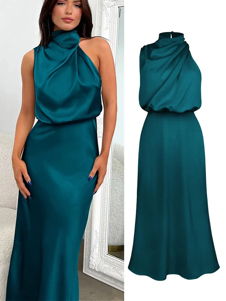 Robe longue d’été en satin de soie – Élégante, haut de gamme, soirée femme - Lake blue , XL