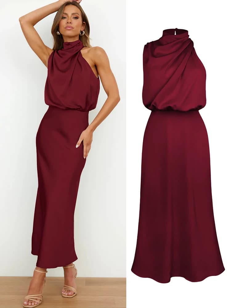 Robe longue d’été en satin de soie – Élégante, haut de gamme, soirée femme - Wine red , L'