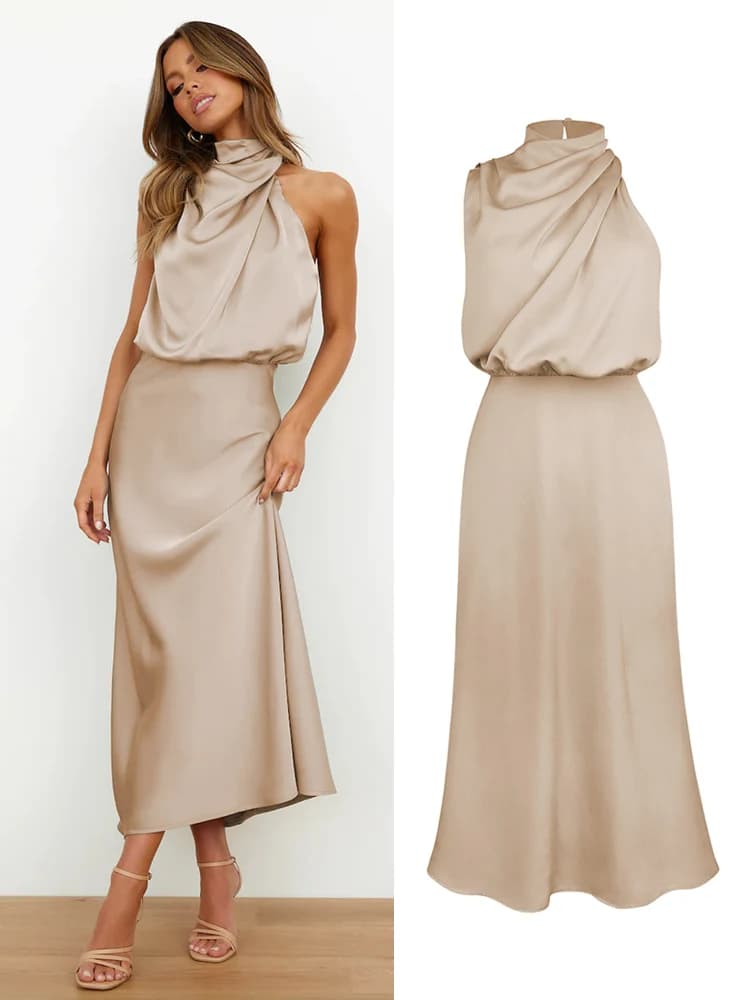 Robe longue d’été en satin de soie – Élégante, haut de gamme, soirée femme - Apricot , L'
