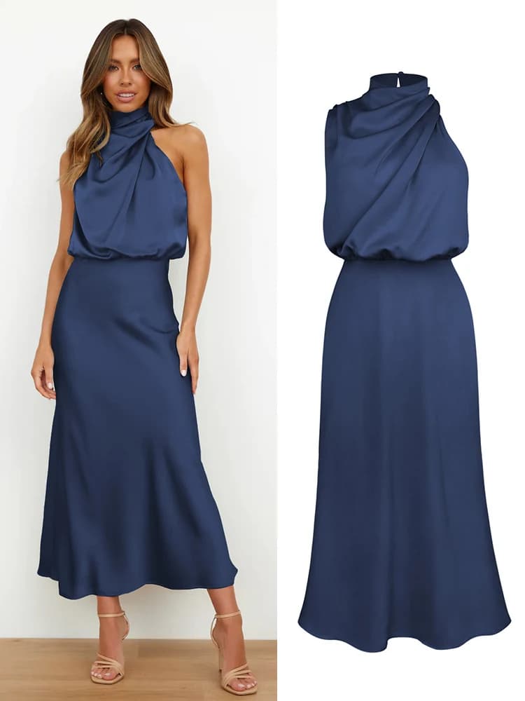 Robe longue d’été en satin de soie – Élégante, haut de gamme, soirée femme - Navy , XL