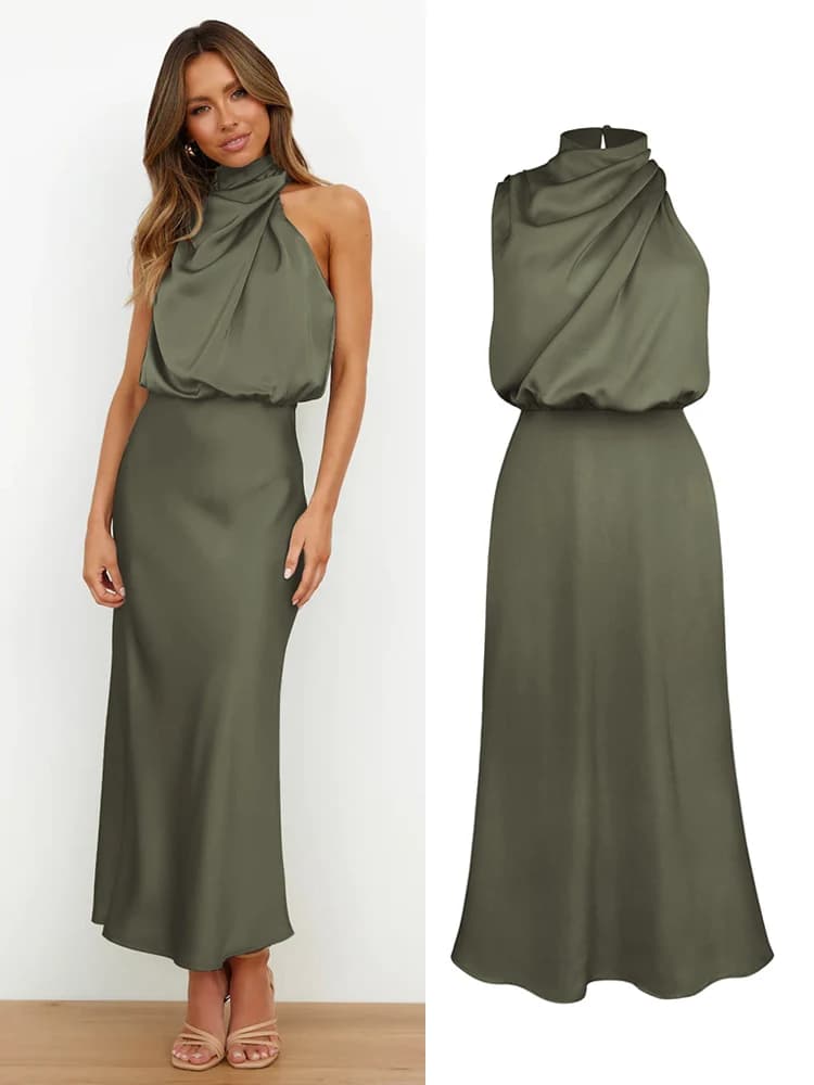 Robe longue d’été en satin de soie – Élégante, haut de gamme, soirée femme - Army green , S