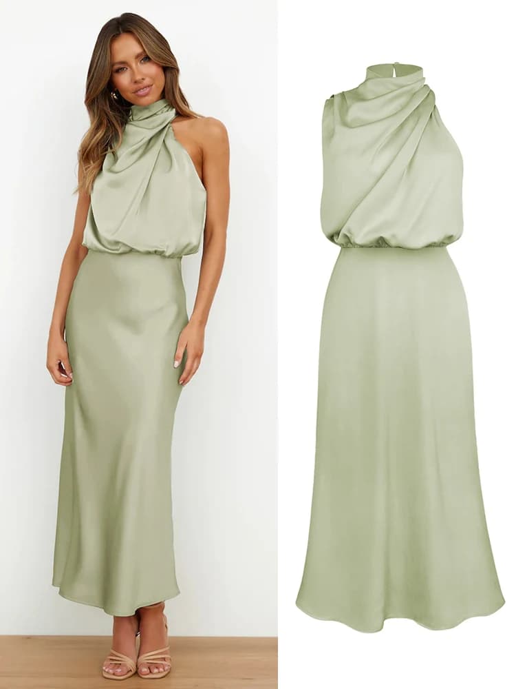 Robe longue d’été en satin de soie – Élégante, haut de gamme, soirée femme - Light Green , S