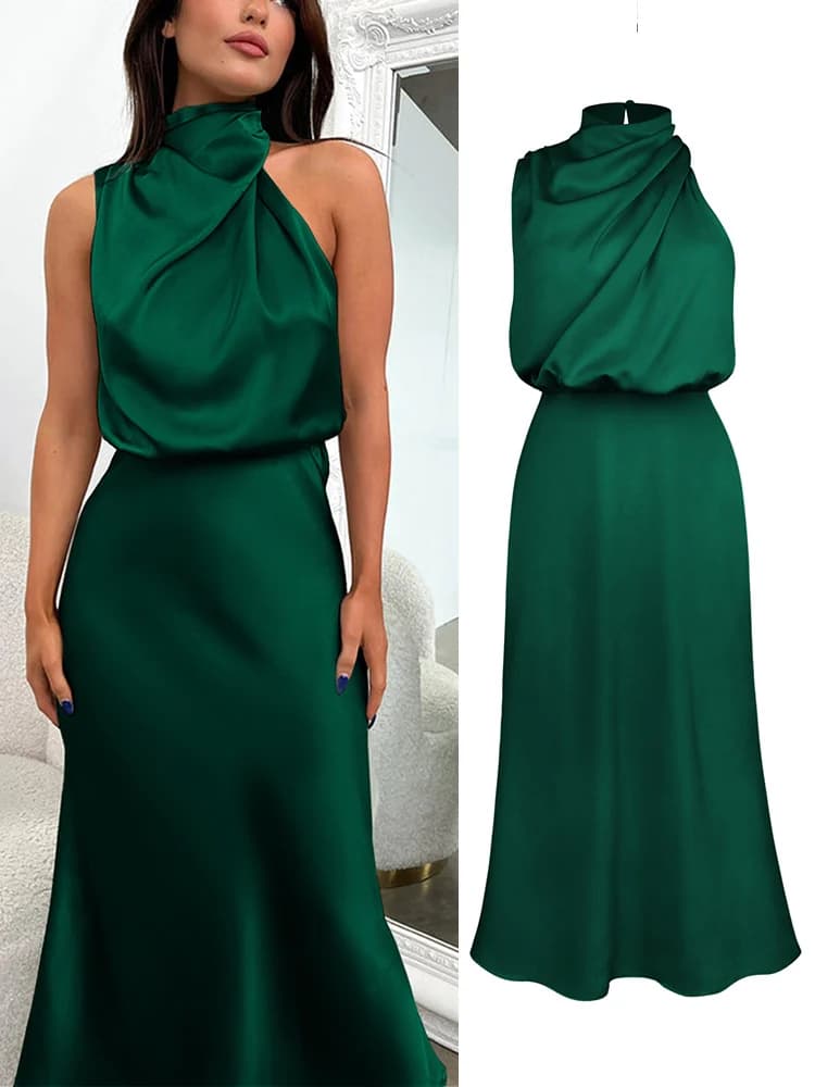 Robe longue d’été en satin de soie – Élégante, haut de gamme, soirée femme - Dark Green , L'