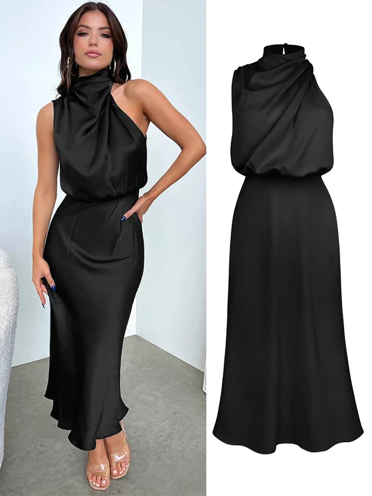 Robe longue d’été en satin de soie – Élégante, haut de gamme, soirée femme - Black , L'