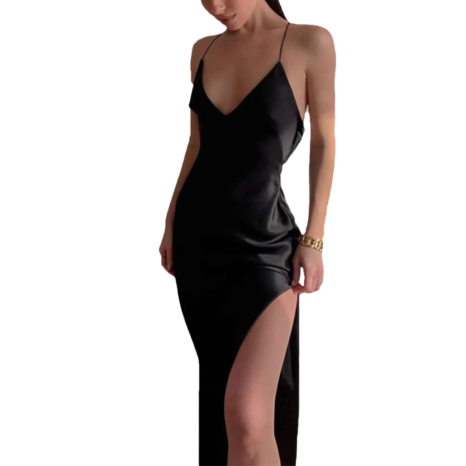 Robe longue en satin soyeux pour femmes à bretelles spaghetti, fendue et dos nu - Noir , S