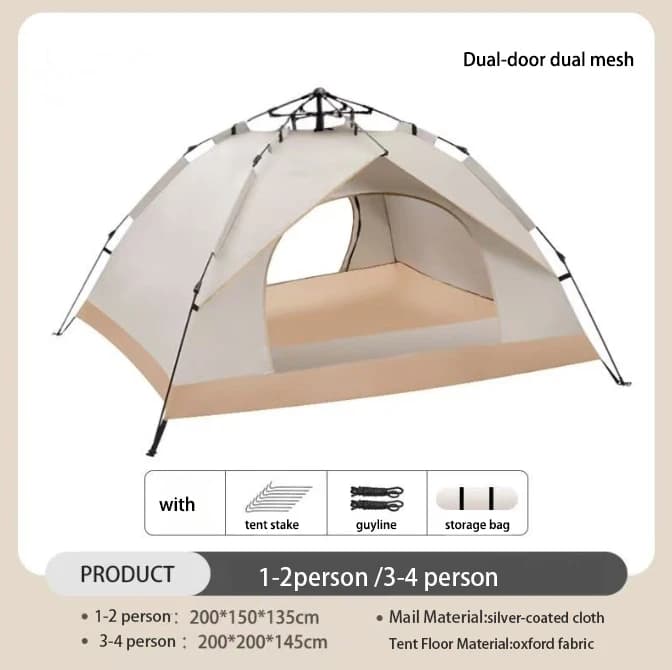 Tente Pop‑Up Automatique Étanche 2 Portes – Anti‑UV, Montage Instantané, Camping & Plage - IMAGE 0 , Tente pour 3 - 4 personnes , Fibre de verre
