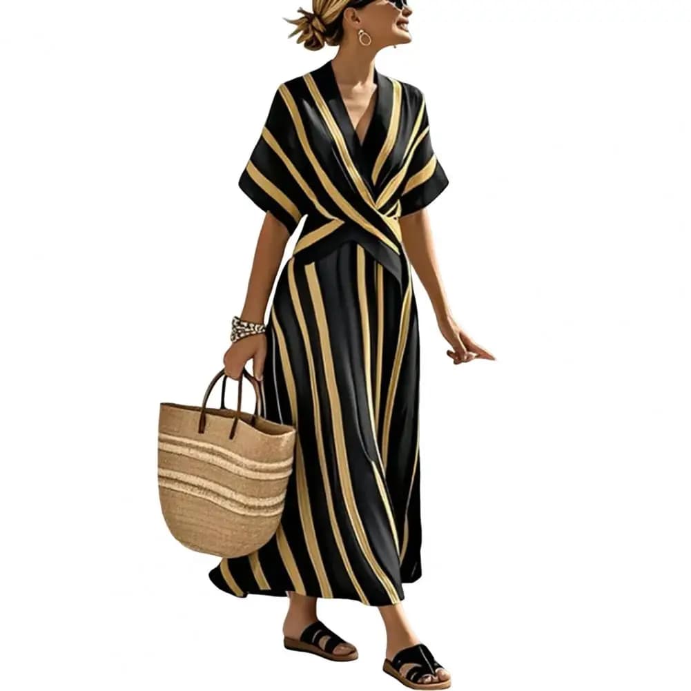 Robe d’été femme à rayures – col V, coupe ample, 4 couleurs - Black , XXXL