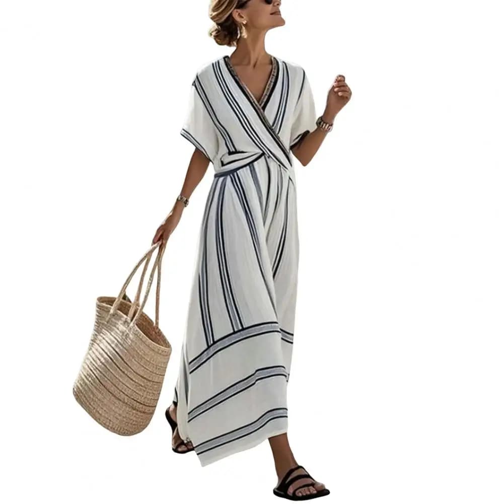 Robe d’été femme à rayures – col V, coupe ample, 4 couleurs - white , XXXL