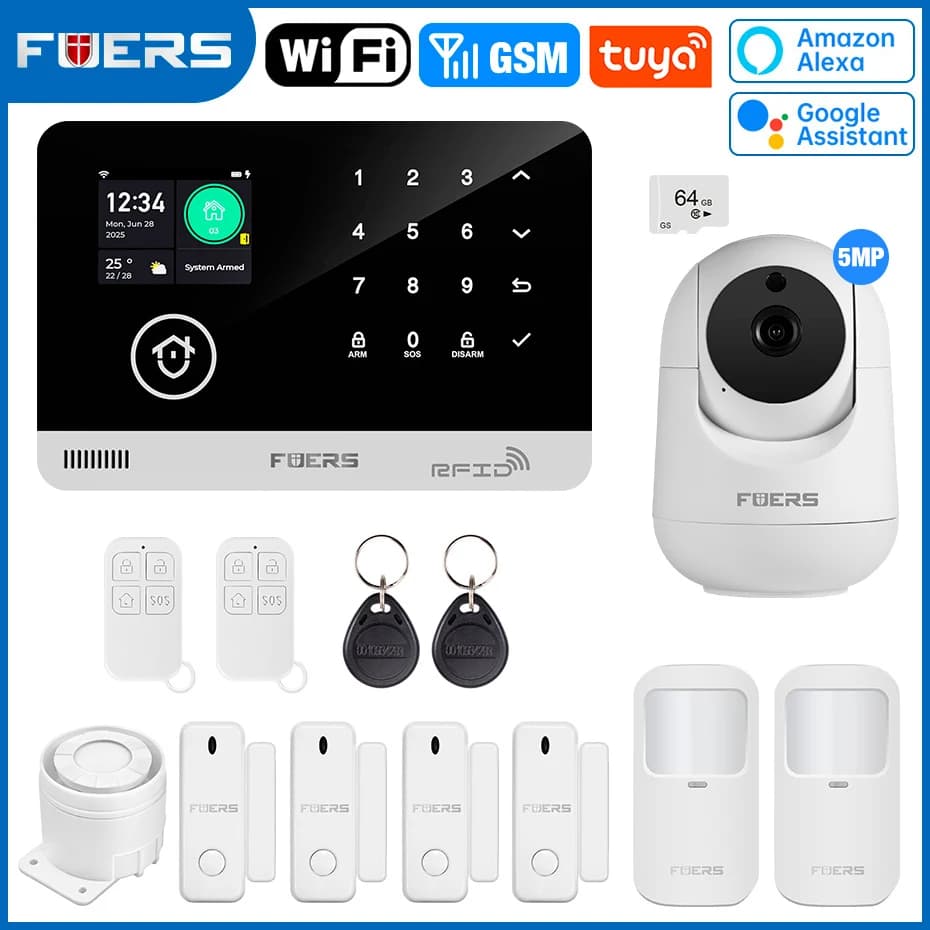 Alarme Maison FUERS WiFi GSM – Kit Sécurité Tuya Smart - Kit d'alarme GSM G03 5 , Prise américaine