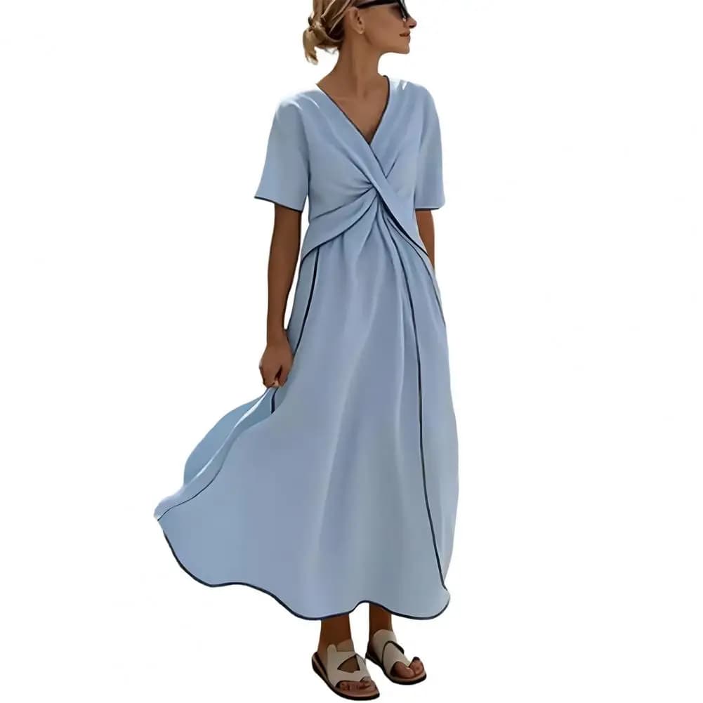 Robe d’été femme à rayures – col V, coupe ample, 4 couleurs - Bleu , L'