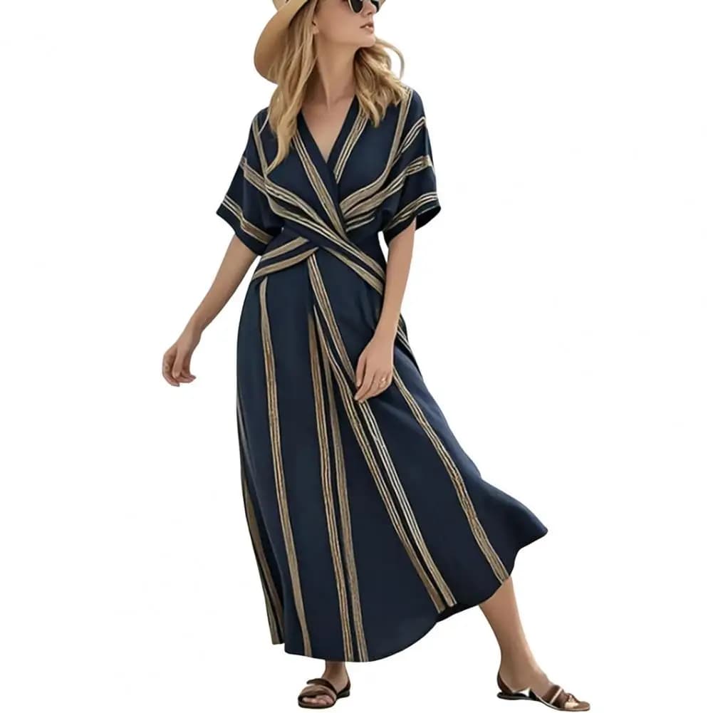 Robe d’été femme à rayures – col V, coupe ample, 4 couleurs - Bleu marine , XXXL