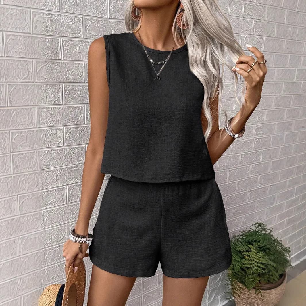 Ensemble femme été – haut & short sans manches chic - XXL , Noir