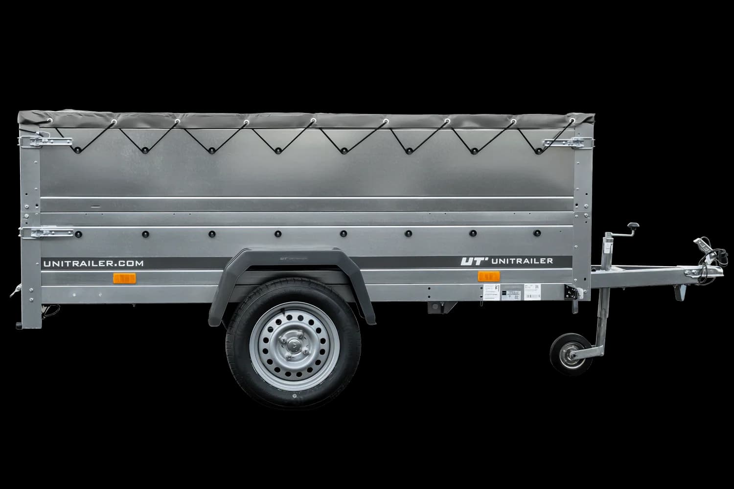 Remolque grande de 230x125 con lona gris plana, extensiones laterales y rueda de apoyo – KIPP Garden Trailer 230