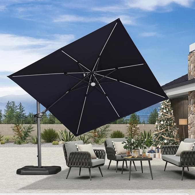 Quadratischer, neigbarer Solar-LED-Ampelschirm 3 × 3 m, Gartenschirm für den Außenbereich Hellgrau