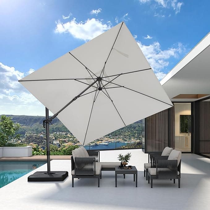 Quadratischer, neigbarer Solar-LED-Ampelschirm 3 × 3 m, Gartenschirm für den Außenbereich Weiß