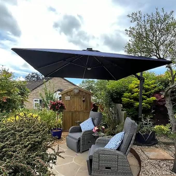 Quadratischer, neigbarer Solar-LED-Ampelschirm 3 × 3 m, Gartenschirm für den Außenbereich Marineblau