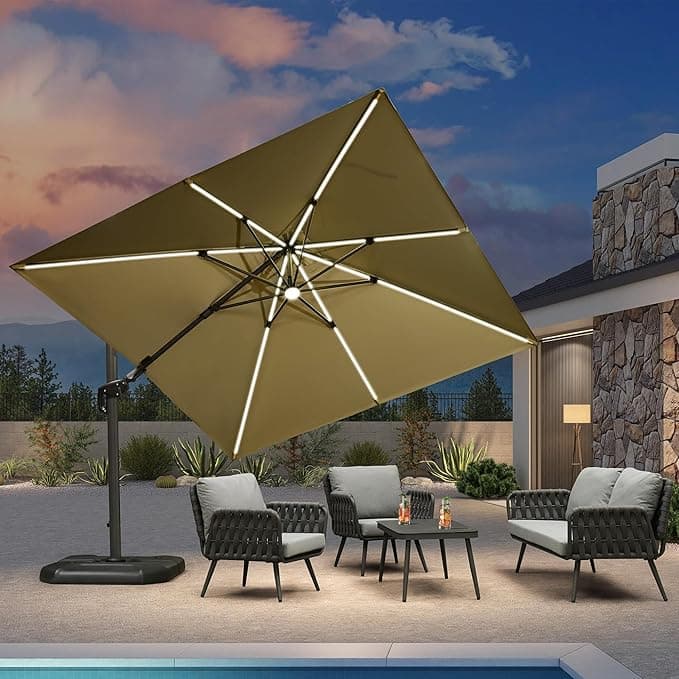 Quadratischer, neigbarer Solar-LED-Ampelschirm 3 × 3 m, Gartenschirm für den Außenbereich Beige