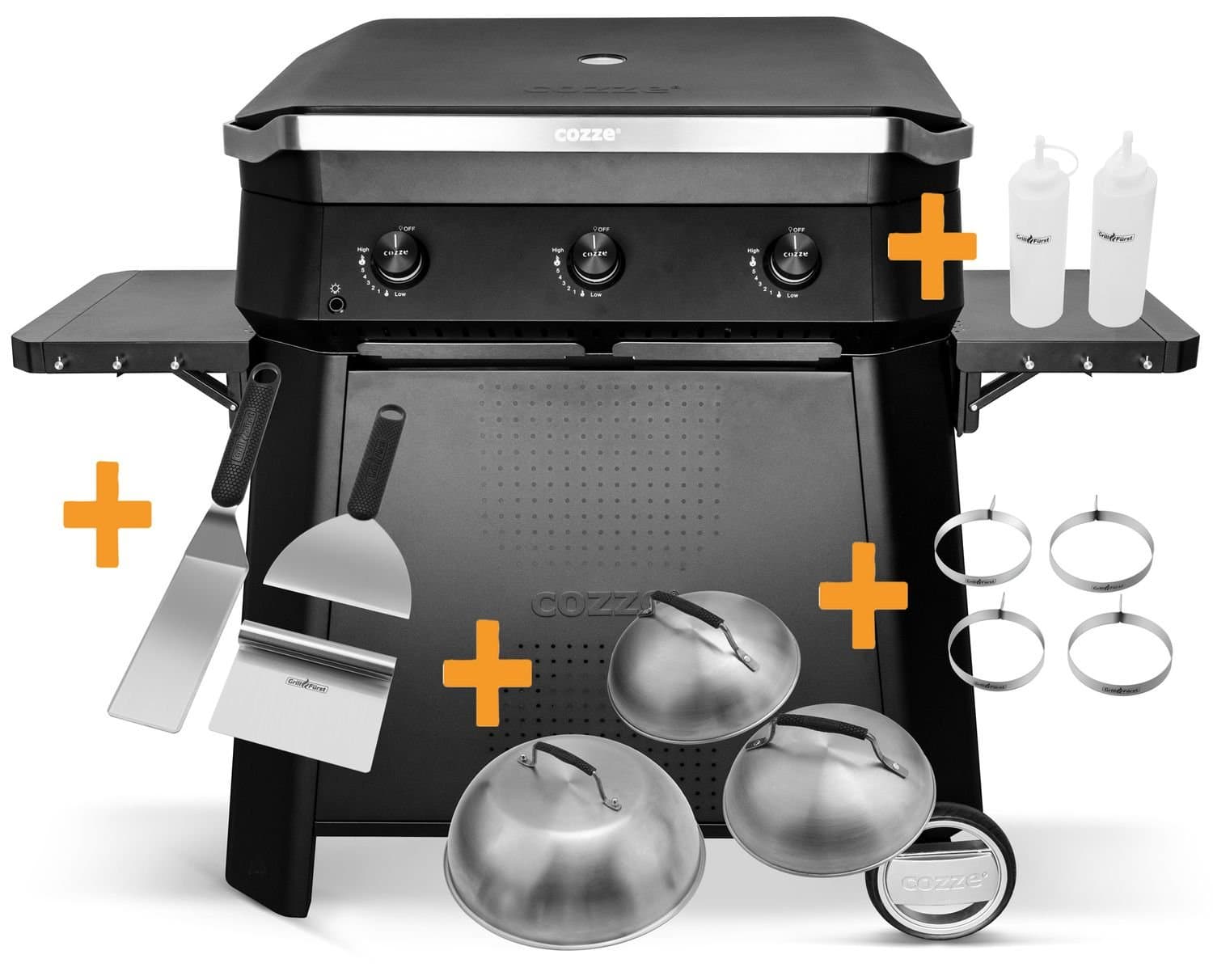 COZZE Plancha Grill Plancha Grill 800 inkl. Unterwagen und 12 tlg. XXL Plancha-Set