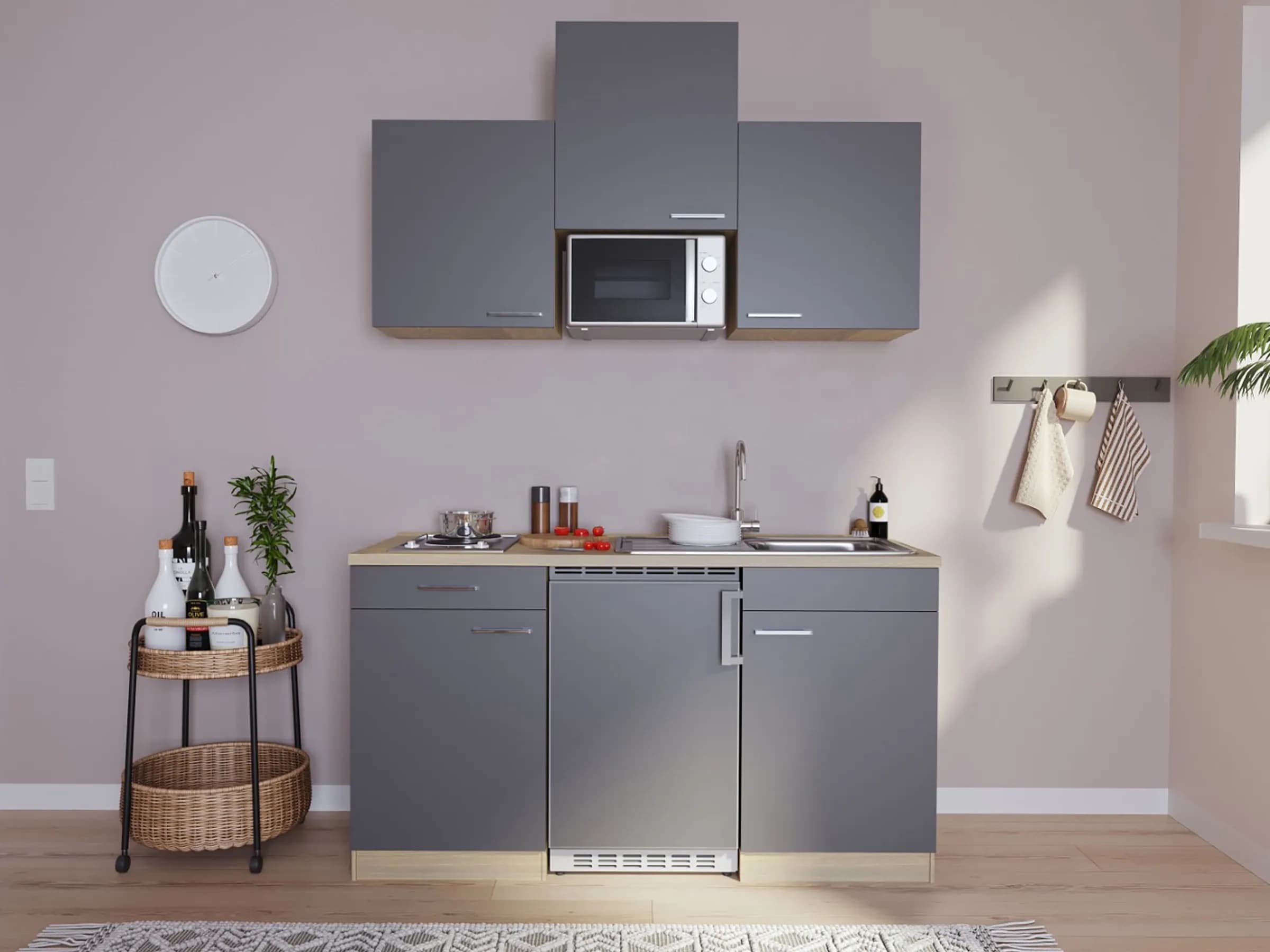 Respekta Küchenzeile KB150WGMI 150 cm Grau-Weiß Glänzend