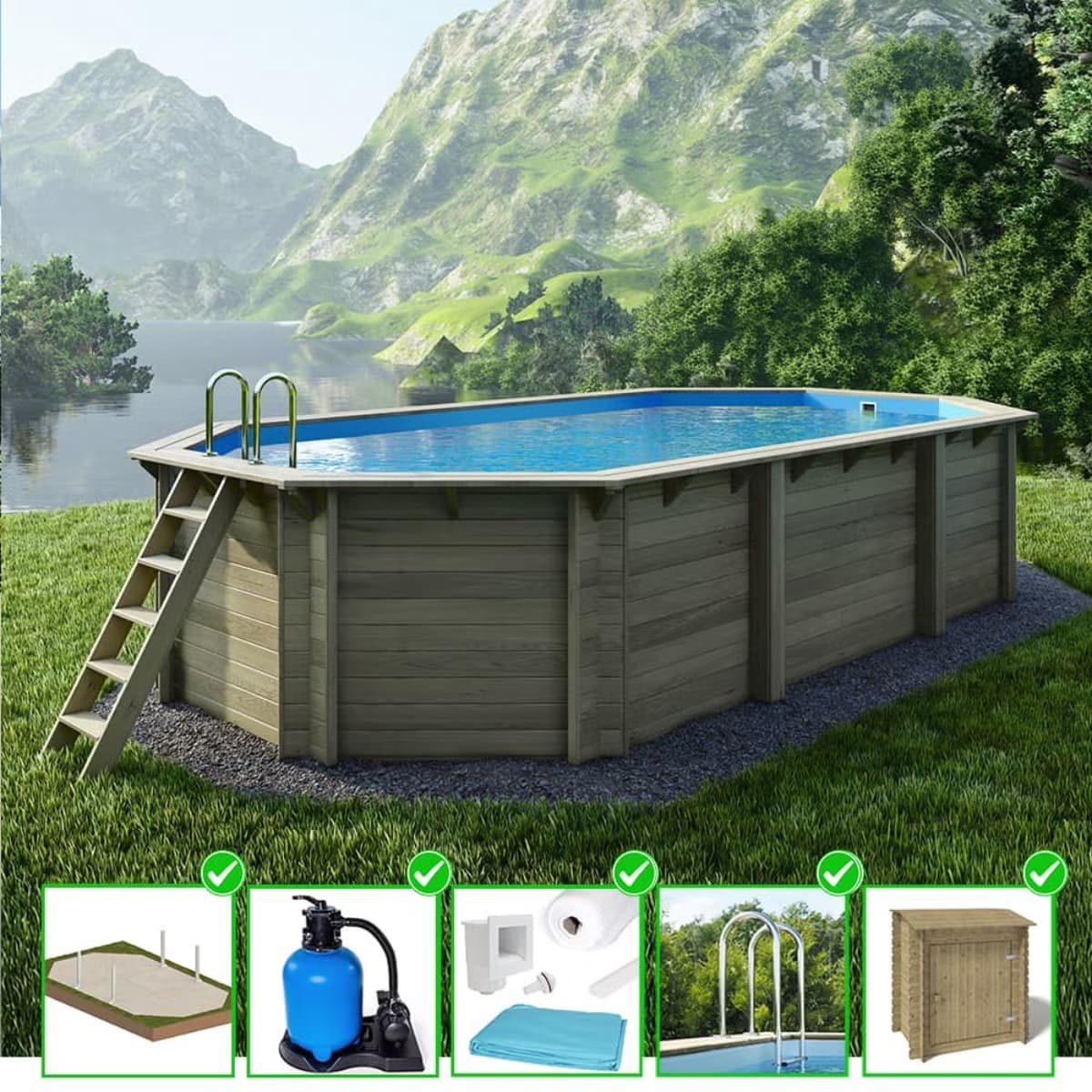 Altanka Holzpool Nemo auf Rahmen ohne Betonierung 7,3x3,97 H.1,45 m