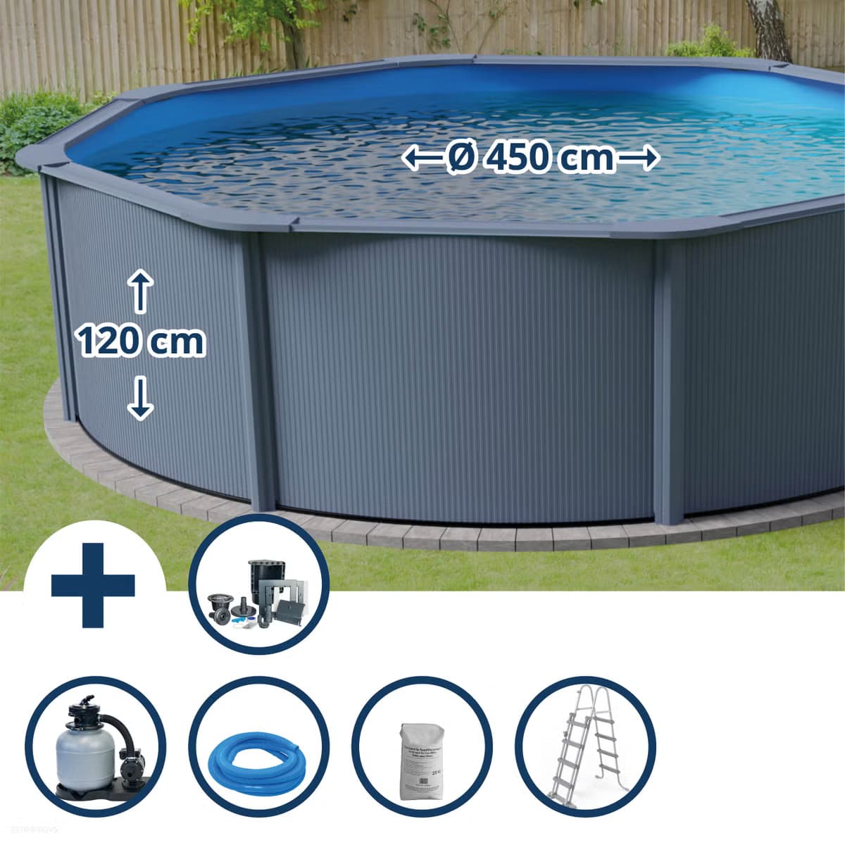 Aufstellpool Stahlwandpool Set Gre rund 450x120cm, Stahl 0,45mm anthrazit, Folie 0,3mm blau