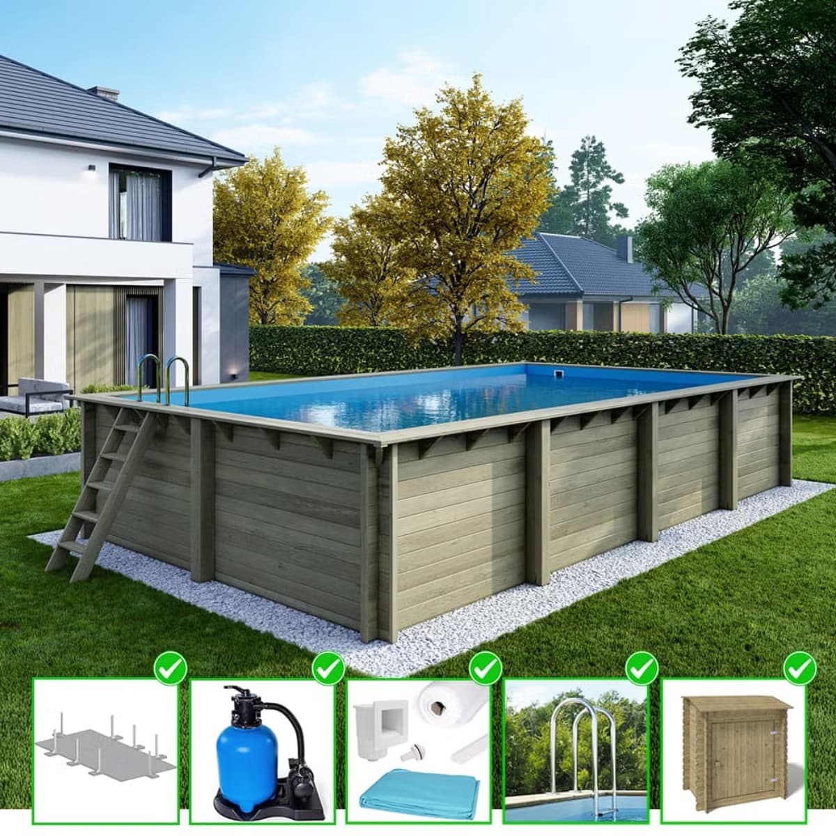 Holzpool Aqua mit am Beton verschraubten Stützen 8,5x4,35 H.1,45 m