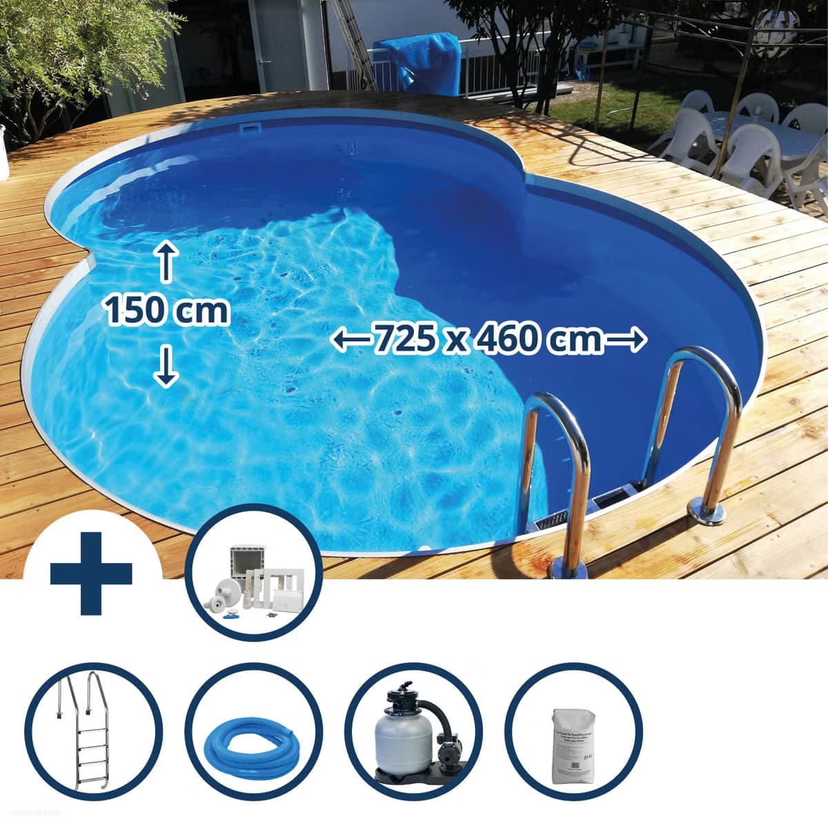 Stahlwandpool Waterman Set tief achtform 725x460x150cm, Stahl 0,8mm weiß, Folie 0,6mm bl.