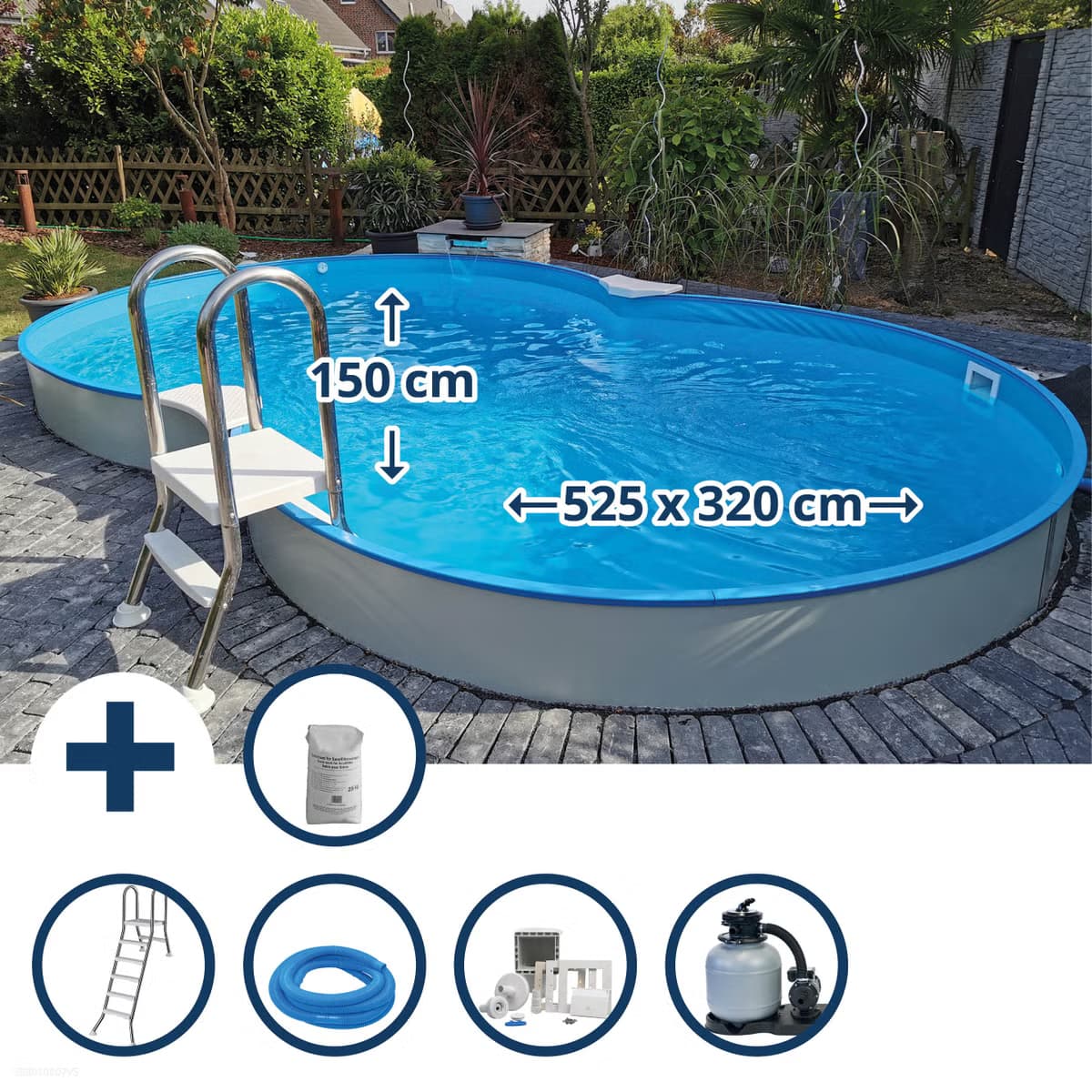 Waterman Stahlwandpool Set achtform 525x320x150cm, Stahl 0,8mm weiß, Folie 0,6mm bl.