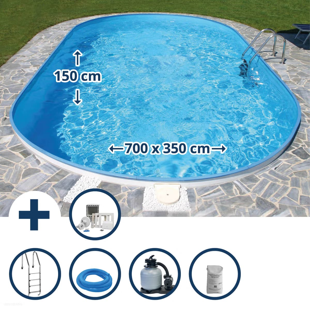 Waterman Stahlwandpool Set oval 700x350x150cm Stahl 0,8mm weiß, Folie 0,6mm blau