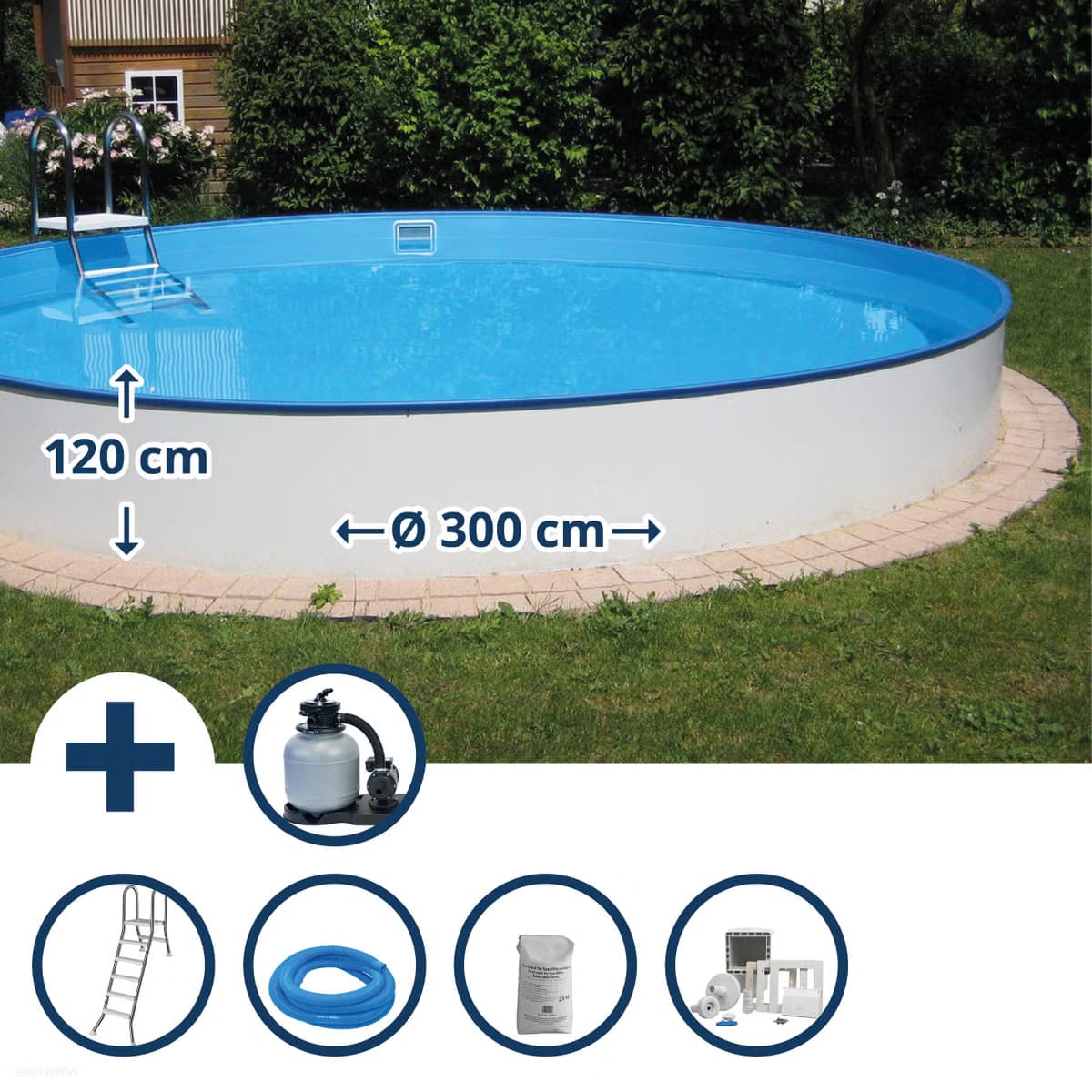 Waterman Stahlwandpool Set rund 300x120cm, Stahl 0,6mm weiß, Folie 0,6mm blau